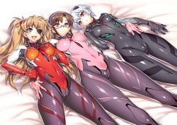 Rule 34 | 3girls, :3, arm around waist, arm at side, ayanami rei, bed sheet, black bodysuit, blue eyes, blue hairband, blush, bodysuit, breasts, breasts apart, brown hair, cameltoe, circle name, cleft of venus, clenched hand, closed mouth, content rating, covered erect nipples, covered navel, cowboy shot, curvy, dutch angle, evangelion: 3.0 you can (not) redo, eyepatch, female focus, from above, girl sandwich, glasses, gloves, gluteal fold, hair between eyes, hairband, hand on another&#039;s hip, hand on own hip, head tilt, headgear, hip focus, hiyohiyo, hug, impossible bodysuit, impossible clothes, indoors, interface headset, legs together, light smile, logo, long hair, looking at viewer, low twintails, lying, makinami mari illustrious, medium breasts, multicolored bodysuit, multicolored clothes, multiple girls, neon genesis evangelion, on back, on bed, one eye covered, open mouth, orange hair, outstretched arms, parted bangs, parted lips, pilot suit, pink bodysuit, plugsuit, rebuild of evangelion, red-framed eyewear, red bodysuit, red eyes, sandwiched, shiny clothes, short hair, side-by-side, sidelocks, skin tight, smile, souryuu asuka langley, sparkle, spread arms, spread legs, take your pick, thighs, transparent, triangle mouth, turtleneck, twintails, two side up, white hair