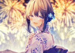 Rule 34 | 1girl, :d, aerial fireworks, blue flower, blush, bow, brown hair, commentary request, crying, crying with eyes open, fireworks, floral print, flower, hair flower, hair ornament, hand up, happy tears, japanese clothes, kimono, looking at viewer, looking to the side, open mouth, original, oshioshio, outdoors, print kimono, purple bow, sidelocks, signature, smile, solo, tears, white kimono, yukata