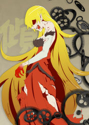 Rule 34 | 1girl, bad id, bad pixiv id, blonde hair, blood, breasts, kiss-shot acerola-orion heart-under-blade, large breasts, long hair, monogatari (series), no bra, open mouth, oshino shinobu, s.h.v, solo, torn clothes, very long hair