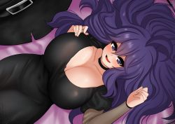 Rule 34 | 1girl, absurdres, ahoge, alternate breast size, black dress, blush, breasts, choker, cleavage, collarbone, creatures (company), dress, game freak, hair between eyes, halloween, halloween costume, hand on own chest, hands up, hat, hex maniac (pokemon), highres, huge breasts, long hair, looking at viewer, lying, nintendo, on back, open mouth, pokemon, pokemon xy, purple eyes, purple hair, smile, solo, the only shoe, witch hat