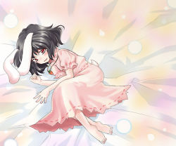 Rule 34 | 1girl, animal ears, barefoot, bed sheet, black hair, carrot necklace, dress, female focus, inaba tewi, looking at viewer, lying, necklace, on side, pink dress, rabbit ears, red eyes, short hair, short sleeves, solo, tail, tears, touhou