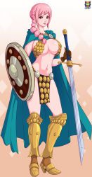 Rule 34 | 1girl, absurdres, armor, bikini armor, braid, breasts, cape, gladiator, highres, kyoffie, large breasts, lips, midriff, navel, one piece, pink hair, rebecca (one piece), red eyes, shield, sword, thighs, weapon