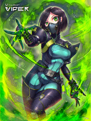 Rule 34 | 1girl, animification, black thighhighs, bob cut, bodysuit, breasts, brown hair, character name, commentary request, copyright name, gas mask, gia, green bodysuit, green hair, green theme, highres, looking at viewer, mask, medium breasts, mouth mask, ninja mask, short hair, skin tight, solo, thighhighs, uneven eyes, valorant, viper (valorant)
