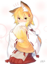 Rule 34 | 1girl, animal ear fluff, animal ears, blonde hair, blush, brown background, brown eyes, commentary request, coreytaiyo, covered mouth, dated, flower, fox ears, fox girl, fox tail, hair between eyes, hair flower, hair ornament, hakama, hakama skirt, highres, hugging own tail, hugging tail, japanese clothes, kimono, long hair, long sleeves, looking at viewer, miko, nose blush, red flower, red hakama, ribbon-trimmed sleeves, ribbon trim, seiza, senko (sewayaki kitsune no senko-san), sewayaki kitsune no senko-san, signature, sitting, skirt, solo, tail, white kimono, wide sleeves