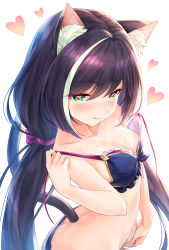Rule 34 | 1girl, animal ear fluff, animal ears, bare shoulders, black hair, breasts, cat ears, cat girl, cat tail, green eyes, heart, heart-shaped pupils, highres, karyl (princess connect!), karyl (summer) (princess connect!), long hair, looking at viewer, low twintails, multicolored hair, navel, princess connect!, small breasts, solo, streaked hair, symbol-shaped pupils, tail, tomo (tmtm mf mf), twintails, unfastened, white hair