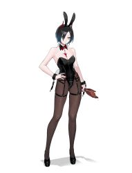 Rule 34 | 1girl, alternate costume, animal ears, azur lane, bare shoulders, between breasts, black collar, black footwear, black hair, black leotard, bottle, breasts, broken bottle, broken glass, brown pantyhose, claw ring, cleavage, collar, contrapposto, detached collar, fake animal ears, fake tail, full body, glass, hair between eyes, hand on own hip, high heels, highleg, highleg leotard, highres, holding, holding bottle, horns, leotard, mechanical horns, medium breasts, multicolored hair, nail polish, o-ring, ohisashiburi, pantyhose, playboy bunny, rabbit ears, rabbit tail, red horns, red nails, shadow, short hair, simple background, solo, strap between breasts, strapless, strapless leotard, streaked hair, tail, thigh strap, two-tone hair, ulrich von hutten (azur lane), white background, white hair, wrist cuffs, yellow eyes