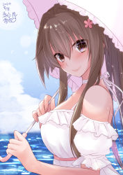 Rule 34 | 1girl, 2020, absurdres, artist logo, blue sky, brown eyes, brown hair, cherry blossoms, cloud, commentary request, dated, day, dress, female focus, flower, frilled dress, frills, hair flower, hair ornament, highres, horizon, kantai collection, long hair, looking at viewer, mashiro yukiya, matching hair/eyes, ocean, off-shoulder dress, off shoulder, outdoors, parasol, ponytail, sky, smile, solo, umbrella, upper body, white dress, white umbrella, yamato (kancolle)