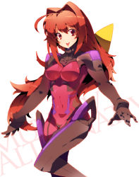 Rule 34 | 1girl, bodysuit, breasts, female focus, kagami sumika, long hair, muv-luv, pilot suit, rassie s, red hair, skin tight, smile, solo, white background