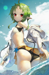 Rule 34 | 1girl, absurdres, ass, bikini, black bikini, cloud, cloudy sky, commentary request, cowboy shot, day, drawstring, dutch angle, flat chest, green hair, highres, jacket, lens flare, long hair, long sleeves, looking at viewer, looking back, mismatched bikini, mushoku tensei, off shoulder, open clothes, open jacket, outdoors, panties, pointy ears, red eyes, sarong, scottie (phantom2), sky, solo, standing, swimsuit, sylphiette (mushoku tensei), twisted torso, underwear, wading, white bikini, white jacket