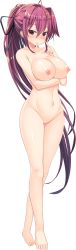 Rule 34 | 1girl, :o, barefoot, blush, breasts, collarbone, completely nude, finger to cheek, full body, greatmosu, hair ornament, hair ribbon, hairclip, highres, index finger raised, large breasts, long hair, looking at viewer, natsuiro koi uta, navel, nipples, no pussy, nude, official art, ponytail, purple hair, red eyes, ribbon, solo, takanashi hikaru, transparent background, very long hair