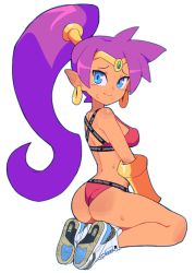 Rule 34 | 1girl, ass, bare shoulders, breasts, character name, commentary, dark-skinned female, dark skin, earrings, from behind, full body, hair ornament, high ponytail, jewelry, long hair, looking at viewer, looking back, medium breasts, nike (company), pointy ears, ponytail, purple hair, shantae, shantae (series), shiny skin, shoes, simple background, sitting, slammo, sneakers, solo, sports bikini, sweat, sweatdrop, tank top, thighs, tiara, white background
