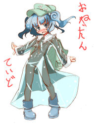 Rule 34 | 1girl, backpack, bag, blue hair, blush, boots, dress, female focus, flat chest, kawashiro nitori, see-through, solo, touhou, two side up