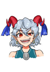 Rule 34 | 1girl, absurdres, blue ribbon, commentary request, curly hair, earrings, highres, horizontal pupils, horn ornament, horn ribbon, horns, jewelry, kou syu 27, looking at viewer, pointy ears, portrait, rectangular pupils, red eyes, red horns, ribbon, sharp teeth, sheep horns, solo, teeth, touhou, toutetsu yuuma