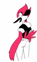Rule 34 | 1girl, ass, bad id, bad tumblr id, beak, bird, black hoodie, cartoon network, feathers, female focus, highres, hoddie, hood, hoodie, mangeto (artist), margaret (regular show), monochrome, pants, personification, red feathers, regular show, simple background, solo, standing, tight clothes, tight pants, white background, white legwear, white theme