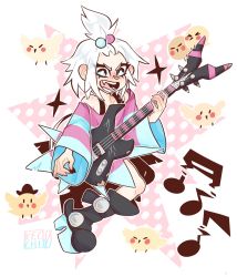 Rule 34 | 1girl, bird, blush, boots, cockatiel, commission, creatures (company), dress, freckles, game freak, guitar, gym leader, hair bobbles, hair ornament, highres, instrument, kecchi0, looking at viewer, music, musical note, nintendo, open mouth, pokemon, pokemon bw2, roxie (pokemon), sharp teeth, singing, striped clothes, striped dress, teeth