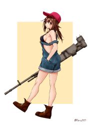 Rule 34 | 1girl, :o, alternate costume, bare shoulders, black bra, boots, bra, breasts, brown eyes, brown footwear, brown hair, from side, full body, hair between eyes, hair flaps, hairband, hands in pockets, highres, holding machine, kantai collection, looking at viewer, low ponytail, machine, medium breasts, overalls, porco1127, red hairband, shiratsuyu (kancolle), sideboob, simple background, solo, standing, twitter username, underwear