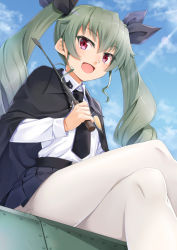 Rule 34 | 10s, 1girl, :d, anchovy (girls und panzer), anzio school uniform, black ribbon, cape, crossed legs, drill hair, dutch angle, girls und panzer, green hair, hair ribbon, lens flare, light rays, miri (ago550421), necktie, open mouth, pantyhose, pleated skirt, red eyes, ribbon, riding crop, school uniform, signature, sitting, skirt, smile, solo, twin drills, white pantyhose, wing collar
