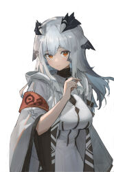 Rule 34 | 1girl, absurdres, arknights, armband, breasts, bright pupils, dress, grey hair, hair ornament, hand up, highres, hood, large breasts, long hair, long sleeves, looking at viewer, mystery-s, orange eyes, ptilopsis (arknights), rhine lab logo, simple background, solo, white dress, white pupils, wide sleeves