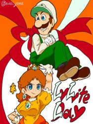 Rule 34 | 1boy, 1girl, artist name, blue eyes, breasts, brooch, brown hair, carrying overhead, crown, dress, earrings, facial hair, flower earrings, gloves, grin, hand on own hip, hat, highres, jewelry, looking at another, luigi, mario (series), medium breasts, mustache, nervous smile, nikki yama, nintendo, orange dress, overalls, princess daisy, puffy short sleeves, puffy sleeves, short sleeves, smile, smug, standing, sweat, tomboy