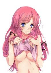 Rule 34 | 00s, 1girl, amayofuu, bare shoulders, blue eyes, blush, breasts, clothes lift, eyelashes, kazami mizuho, looking at viewer, navel, no bra, onegai teacher, pink hair, shirt lift, simple background, smile, solo, upper body, white background
