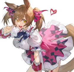 Rule 34 | 1girl, absurdres, animal ears, bow, breasts, brown eyes, brown hair, center frills, collared dress, commentary, cowboy shot, dress, frills, garter straps, hair bow, hair ribbon, heart, highres, horse ears, horse girl, horse tail, index finger raised, large breasts, leaning forward, looking at viewer, mooofoo, neck ribbon, open mouth, pink skirt, puffy short sleeves, puffy sleeves, ribbon, short hair, short sleeves, short twintails, simple background, skirt, smart falcon (umamusume), solo, suspender skirt, suspenders, tail, twintails, umamusume, upper body, white background, white dress