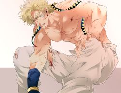 Rule 34 | 1boy, battle tendency, blood, blood on face, blood on leg, caesar anthonio zeppeli, cuts, facial mark, feather hair ornament, feathers, gloves, hair ornament, unworn headwear, injury, jojo no kimyou na bouken, leaning forward, male focus, muscular, muscular male, pants, s gentian, single glove, sitting, solo, topless male, torn clothes, torn pants, white pants