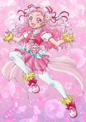 Rule 34 | 10s, 1girl, :d, aikawa yousuke, bow, clenched hand, cone hair bun, cure yell, double bun, earrings, flower, full body, hair bun, hair flower, hair ornament, hair ribbon, heart, hugtto! precure, jewelry, layered skirt, light particles, long hair, looking at viewer, nono hana, open mouth, pink background, pink bow, pink eyes, pink footwear, pink hair, pink shirt, pink skirt, pink theme, pleated skirt, precure, red ribbon, ribbon, shirt, shoes, skirt, sleeveless, sleeveless shirt, smile, solo, sparkle, thighhighs, white thighhighs, wrist cuffs, zettai ryouiki