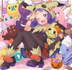 Rule 34 | 1girl, ;d, absurdres, acerola (fall 2020) (pokemon), acerola (pokemon), bead bracelet, beads, bewear, blue eyes, blush, bracelet, brown gloves, brown pantyhose, candy wrapper, capelet, commentary request, creatures (company), eyelashes, flipped hair, game freak, gen 1 pokemon, gen 5 pokemon, gen 6 pokemon, gen 7 pokemon, gengar, gloves, halloween costume, highres, holding, holding pokemon, hood, hooded capelet, jewelry, jigglypuff, litwick, mimikyu, multicolored footwear, nail polish, nintendo, official alternate costume, one eye closed, open mouth, orange bracelet, orange shorts, pantyhose, pantyhose under shorts, pokemon, pokemon (creature), pokemon masters ex, pumpkaboo, purple hair, shoes, shorts, single glove, smile, striped clothes, striped shorts, themed object, tongue, vertical-striped clothes, vertical-striped shorts, yupiteru