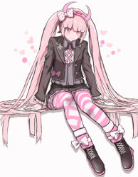 Rule 34 | 10s, 1girl, blush, bow, danganronpa (series), danganronpa another episode: ultra despair girls, fake horns, hair bow, hairband, highres, horns, jugatukumao, long hair, pink eyes, pink hair, simple background, sitting, smile, solo, striped clothes, striped thighhighs, thighhighs, twintails, utsugi kotoko, very long hair, white background