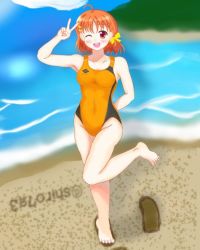 Rule 34 | 1girl, ;), arm behind back, artist name, artist request, bare shoulders, barefoot, beach, blush, bow, braid, breasts, collarbone, feet, female focus, full body, hair bow, hair ornament, hairclip, looking at viewer, love live!, love live! sunshine!!, mountain, ocean, one-piece swimsuit, one eye closed, orange hair, orange one-piece swimsuit, parted lips, red eyes, short hair, side braid, single braid, small breasts, smile, solo, standing, standing on one leg, swimsuit, takami chika, v, yellow bow