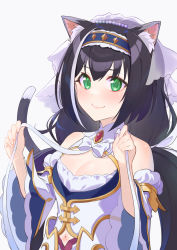 Rule 34 | 1girl, animal ear fluff, animal ears, black hair, blush, cat ears, cat girl, cat tail, cleavage cutout, clothing cutout, green eyes, highres, karyl (princess) (princess connect!), karyl (princess connect!), long hair, looking at viewer, navel, princess connect!, shimon (31426784), smile, solo, tail, white background