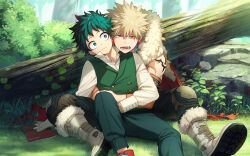 Rule 34 | 2boys, alternate universe, bakugou katsuki, bare shoulders, bead necklace, beads, between legs, black pants, blonde hair, blue pants, body markings, boku no hero academia, book, boots, bright pupils, bush, buttoned cuffs, buttons, cape, closed mouth, collared shirt, cross-laced footwear, curly hair, detached sleeves, dorsiflexion, dot nose, double-breasted, dress shirt, earrings, feet out of frame, freckles, freestyle18, frown, full body, fur-trimmed boots, fur-trimmed cape, fur trim, gloves, grass, green eyes, green hair, green vest, grey footwear, grey gloves, hair between eyes, hand on ground, head tilt, hug, hug from behind, jewelry, knee boots, knee pads, knee up, lace-up boots, lapels, leaning on person, log, long sleeves, looking at another, looking at viewer, looking away, looking to the side, magatama, magatama earrings, male focus, midoriya izuku, multiple boys, necklace, notched lapels, official alternate costume, on grass, on ground, open book, open collar, open mouth, orange cape, outdoors, pac-man eyes, pants, partially unbuttoned, plant, red eyes, rock, sanpaku, shadow, shirt, shoe soles, short hair, sideways glance, sitting, sleeve cuffs, spiked hair, spread legs, straight-on, tooth earrings, torn cape, torn clothes, tree, triangle print, twitter username, uneven eyes, v-shaped eyebrows, vest, vines, white pupils, white shirt