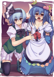 Rule 34 | 2girls, arms behind back, bare shoulders, bdsm, black thighhighs, bloomers, blue hair, blush, breasts, brown eyes, cleavage, clothes pull, dress, dress pull, embarrassed, face, female focus, femdom, hair ribbon, hat, hinanawi tenshi, kneeling, konpaku youmu, long hair, mary janes, multiple girls, no pants, pulling another&#039;s clothes, red eyes, ribbon, saliva, shoes, short hair, small breasts, smile, soine, thighhighs, touhou, underwear, yuri