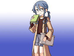 Rule 34 | 1girl, alternate costume, bag, bespectacled, blue background, blue eyes, blue hair, book, brown choker, brown coat, brown sweater, choker, coat, commentary, cowboy shot, english commentary, flat chest, glasses, gotland (kancolle), gradient background, grey shorts, kantai collection, long hair, looking at viewer, mole, mole under eye, one-hour drawing challenge, shorts, sixten, solo, standing, sweater