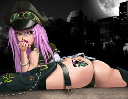 Rule 34 | 1girl, air gear, arm support, ass, ass tattoo, covering own mouth, highres, legs, long hair, looking back, lying, pink hair, red eyes, sailor collar, simca, tattoo, thighs, thong, xplotter