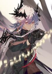 Rule 34 | 1boy, absurdres, arknights, black gloves, black jacket, cape, chinese commentary, closed mouth, commentary request, demon horns, earrings, expressionless, gloves, grey cape, grey hair, guiyan cosy, hair between eyes, highres, holding, holding pen, horns, jacket, jewelry, logos (arknights), long sleeves, male focus, mole, mole under eye, pen, pink eyes, pointy ears, short hair with long locks, solo