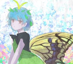 Rule 34 | 1girl, absurdres, antennae, aqua hair, brown eyes, butterfly wings, chisa yasunaga, dress, eternity larva, fairy, green dress, highres, insect wings, leaf, leaf on head, multicolored clothes, multicolored dress, parted lips, short hair, short sleeves, solo, touhou, upper body, wings