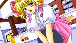 Rule 34 | 1990s (style), 1girl, 5 jikanme no venus, blonde hair, blue eyes, drill hair, fairy dust, game cg, indoors, lowres, pc98, pixel art, retro artstyle, solo, tagme, twin drills, waitress uniform