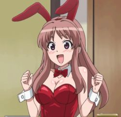 Rule 34 | animal ears, animated, animated gif, blonde hair, blush, bouncing breasts, bow, bowtie, breasts, brown hair, cleavage, detached collar, fake animal ears, fuwa rinna, leotard, long hair, mangaka-san to assistant-san to, medium breasts, playboy bunny, purple eyes, rabbit ears, wrist cuffs