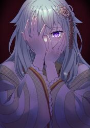 Rule 34 | 1girl, commentary request, covered mouth, covering face, fingernails, green hair, hair ornament, hands up, highres, kusanagi nene, long hair, long sleeves, looking at viewer, m ccc chi, one eye covered, project sekai, purple eyes, sidelocks, solo, upper body