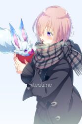 Rule 34 | 1girl, animal, black jacket, breasts, cup, echo (circa), fate/grand order, fate (series), fou (fate), grey scarf, hair over one eye, jacket, large breasts, long sleeves, mash kyrielight, open mouth, pink hair, purple eyes, scarf, short hair