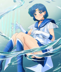Rule 34 | 1girl, back bow, bishoujo senshi sailor moon, blue choker, blue eyes, blue hair, blue sailor collar, blue skirt, blush, boots, bow, choker, commentary, earrings, gloves, highres, jewelry, knees together feet apart, looking at viewer, magical girl, mizuno ami, sailor collar, sailor mercury, sailor senshi uniform, short hair, skirt, smile, solo, super sailor mercury, tiara, toei animation, white gloves, yoo tenchi