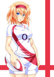 Rule 34 | 1girl, alice margatroid, ball, blonde hair, blue eyes, blush, breasts, england, hairband, jersey, looking at viewer, nike (company), rugby, rugby ball, rugby uniform, shirt, short hair, shorts, simple background, solo, sportswear, striped, striped background, takamichis211, touhou, united kingdom