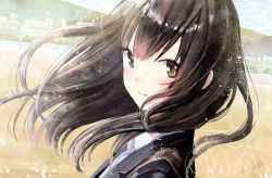 Rule 34 | 1girl, black hair, blazer, blurry, blush, brown hair, city, commentary, depth of field, dutch angle, faux traditional media, field, highres, hill, jacket, kazuharu kina, light particles, long hair, looking at viewer, looking to the side, official art, original, portrait, school uniform, shoulder strap, signature, smile, solo, uniform, wind