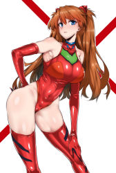 Rule 34 | 1girl, absurdres, adapted costume, bare shoulders, blue eyes, breasts, brown hair, cameltoe, curvy, female focus, gggg, gloves, hair between eyes, hand on own hip, heattech leotard, highleg, highleg leotard, highres, large breasts, leotard, long hair, looking at viewer, neon genesis evangelion, plugsuit, red leotard, shiny clothes, shiny skin, simple background, smile, solo, souryuu asuka langley, thong leotard, turtleneck, twintails, upper body, white background