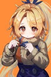 Rule 34 | 1girl, arknights, beige sweater, blue skirt, bow, brown hair, buttons, feather hair, frown, greypidjun, highres, holding, holding bow (ornament), holding bowtie, long hair, long sleeves, looking at viewer, mole, mole under eye, orange background, orange eyes, pinecone (arknights), ponytail, simple background, skirt, solo, standing, suspender skirt, suspenders, sweater, turtleneck, turtleneck sweater, upper body