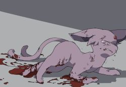 Rule 34 | animal focus, blood, bruise, clenched teeth, creatures (company), crying, cuts, espeon, forehead jewel, forked tail, full body, game freak, gen 2 pokemon, grey background, highres, iie efg, injury, muted color, nintendo, no humans, one eye closed, pain, pokemon, pokemon (creature), purple eyes, simple background, solo, tail, tears, teeth, two-tone background, wince