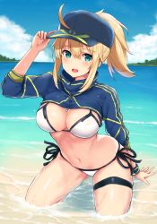 Rule 34 | 1girl, ahoge, artoria pendragon (fate), baseball cap, beach, bikini, blonde hair, blue eyes, blue hat, blue sky, blurry, blush, breasts, cleavage, collarbone, commentary request, day, depth of field, fate/grand order, fate (series), hair between eyes, halterneck, hat, leaning forward, long hair, looking at viewer, medium breasts, mitsukazu (nijigen complex), mysterious heroine x (fate), mysterious heroine xx (fate), navel, ocean, open mouth, outdoors, ponytail, sand, shrug (clothing), side-tie bikini bottom, sidelocks, sitting, sky, solo, stomach, swimsuit, thigh strap, thighs, water, wet, wet clothes, white bikini