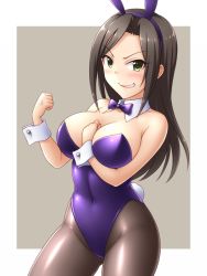 Rule 34 | &gt;:), 10s, 1girl, anger vein, animal ears, bare shoulders, between breasts, black hair, blush, bow, bowtie, breast hold, breasts, clenched hand, covered navel, cowboy shot, detached collar, fake animal ears, female focus, green eyes, grin, idolmaster, idolmaster cinderella girls, large breasts, leotard, long hair, looking at viewer, mukai takumi, nipples, no bra, pantyhose, pataneet, playboy bunny, purple leotard, rabbit ears, rabbit tail, smile, solo, standing, strapless, strapless leotard, sweat, tail, v-shaped eyebrows, wrist cuffs