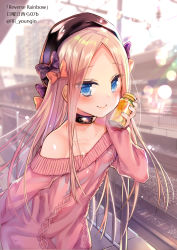 Rule 34 | 1girl, abigail williams (fate), aran sweater, beret, black bow, black collar, black hat, blonde hair, blue eyes, blurry, blurry background, blush, bottle, bow, cable knit, closed mouth, collar, collarbone, day, depth of field, fate/grand order, fate (series), forehead, hair bow, hand up, hat, holding, holding bottle, jin young-in, long hair, long sleeves, multiple hair bows, off-shoulder sweater, off shoulder, orange bow, outdoors, parted bangs, pink sweater, polka dot, polka dot bow, railroad tracks, sleeves past wrists, smile, solo, sweater, train station, train station platform, twitter username, very long hair